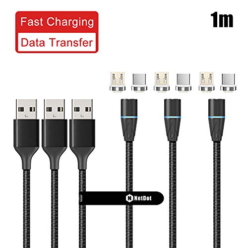 NetDot 12th Generación Cable Magnético,Carga Rápida y Transferencia de Datos para Teléfonos Inteligentes Micro USB,USB-C Sumsung S10/9/8/7/6/Note9,Sony,Google y más(1m/3 Pack Negro)
