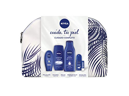 NIVEA Pack Cuidado Corporal Neceser Regalo Mujer, gel de ducha (250 ml), body milk (400 ml), crema de manos (100 ml), roll on (50 ml) y bálsamo labial (5.5 ml)