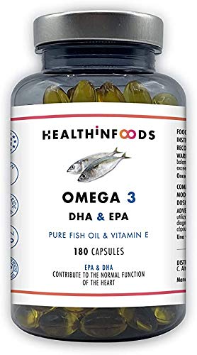 Omega 3 Healthinfoods Aceite de Pescado Ultra Puro -2250mg DHA+450 EPA/Dosis diaria con Vitamina E-180 cápsulas-Efecto Anti inflamatorio-Reduce la presión arterial-Fabricado en España-GMP