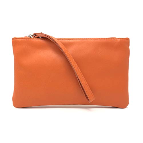 Parubi, Bolso de mano para mujer, de auténtica piel metalizada, fabricado en Italia, modelo Aura, bolso pequeño con correa de muñeca para mujer y niña, elegante, Arancione (Naranja) - PRB2715