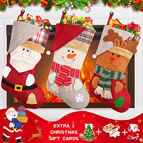 Popolic 3 PCS Calcetín de Navidad, 46x32cm Medias de Navidad, Medias de Regalo de Saco de Navidad para la Decoración del Árbol, Calcetín de Decoración Navideña con Papá Noel, Muñeco de Nieve, Árbol