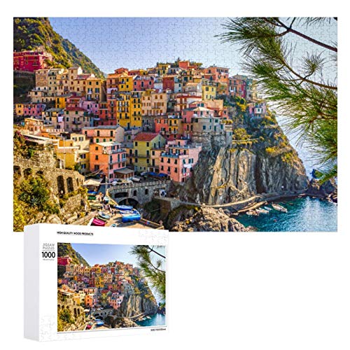 Promini Rompecabezas de madera Italia Casas del mar Cinque Terre Mediterráneo blanco-color5 1000 PCS Desafiante Juego de Puzzle Divertido Juguetes Familiares Juegos Educativos