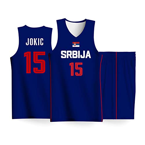 QQLONG Srbija JOKIC No. 15 Traje de Uniforme de Baloncesto Jokic, Juego de Camiseta de la Copa Mundial de Equipo de Baloncesto Masculino de 2019, Tiro cómodo sin obstáculos-Blue-M