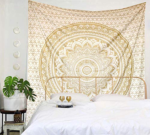 Raajsee Tapices metálicos para colgar en la pared, diseño de mandala bohemio, de algodón, color oro blanco Ombre, Queen (220 x 210 cm)