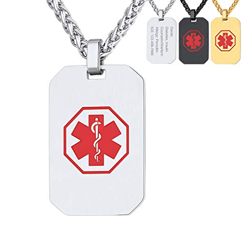 Rectangular Colgantes Ahilados Cruz Roja de Alerta Médica Collar de Acero Inoxidable para Enfermedades Urgentes Socorro Tabla Militante Personalizado Plateado