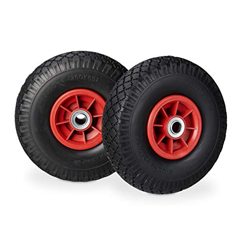 Relaxdays, Negro-Rojo 2X Ruedas de Carretilla, Neumáticos de Goma, 3.00-4, Eje de 20mm, hasta 80 kg, 260x85 mm