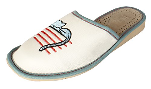 Revise - Zapatillas de estar por casa para mujer, de fieltro, con suela de goma, diseño de gato bordado, color Blanco, talla 39 EU