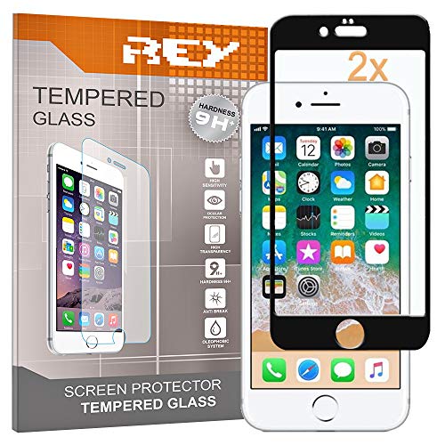REY 2X Protector de Pantalla 3D para iPhone 6 - iPhone 6S, Negro, Protección Completa, 3D / 4D / 5D