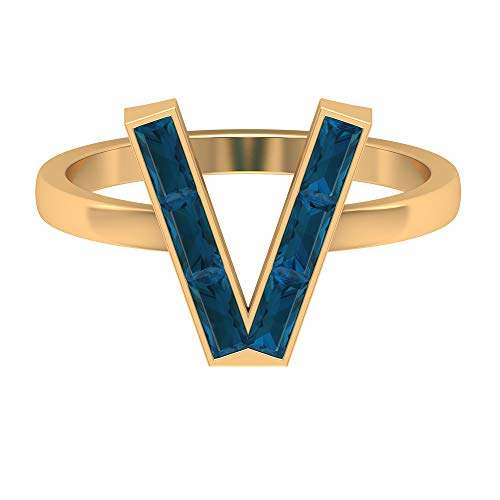 Rosec Jewels - Anillo de alfabeto V con topacio azul Londres de 0,6 quilates, inicial de oro (calidad AAA), 14K Oro amarillo, Size:EU 60