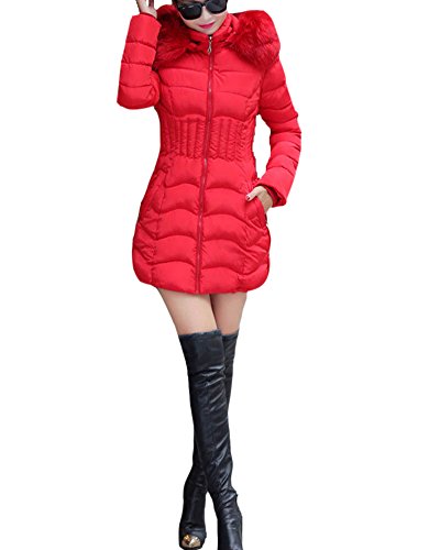 SaiDeng Slim Fit Espesar Pelaje Collar Abrigo Parka con Capucha Manga Larga para Mujer Rojo S