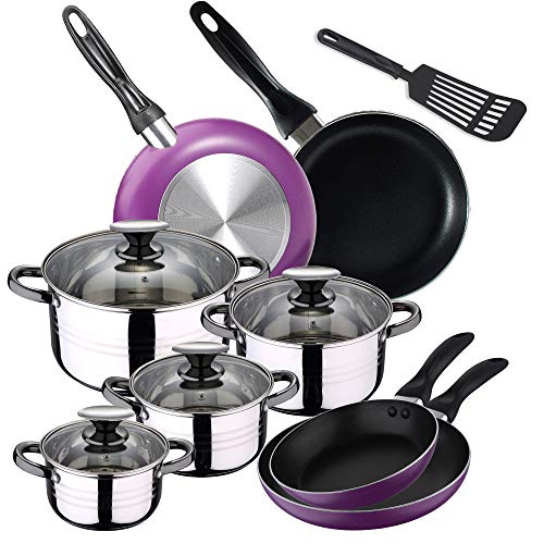 San Ignacio 13 Piezas COLECCIÓN Laredo batería de Cocina 4 cacerolas con Tapas de Vidrio, y Set 4 sartenes 16/20/24/28 cms, más espátula de Regalo, Acero Inoxidable/Aluminio prensado/Nylon, Morado San Ignacio 13 Piezas COLECCIÓN Laredo batería de Cocina 4 cacerolas con Tapas de Vidrio, y Set 4 sartenes 16/20/24/28 cms, más espátula de Regalo, Acero Inoxidable/Aluminio prensado/Nylon, Morado