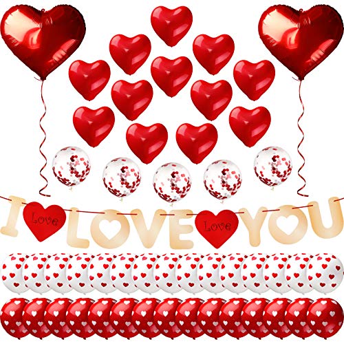 Set de 52 Decoraciones de Banner Globo de San Valentín Incluye Banner de I LOVE YOU y 49 Globos de Látex de Corazón y Papel de Aluminio con 2 Cintas Rojas para Regalos de San Valentín
