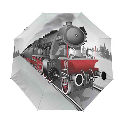 SUHETI Paraguas automático de Apertura/Cierre,Locomotora Tren Rojo Negro con Faros En La Vía De Tren De Acero Impresión Gráfica,Paraguas pequeño Plegable a Prueba de Viento