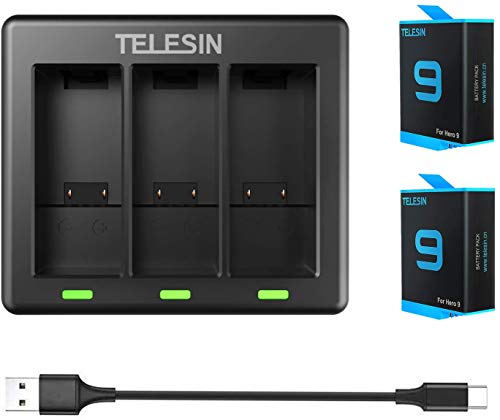 TELESIN - Pack de 2 baterías de repuesto (1750 mAh) con 3 canales de cargador de batería con cable tipo C para GoPro Hero 9 negro, totalmente compatible con Go Pro 9 original y batería