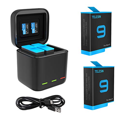 TELESIN Paquete de 2 baterías y cargador rápido de batería USB de 3 canales con cable tipo C para GoPro Hero 9 negro, totalmente compatible con cargador original Go Pro 9 y baterías