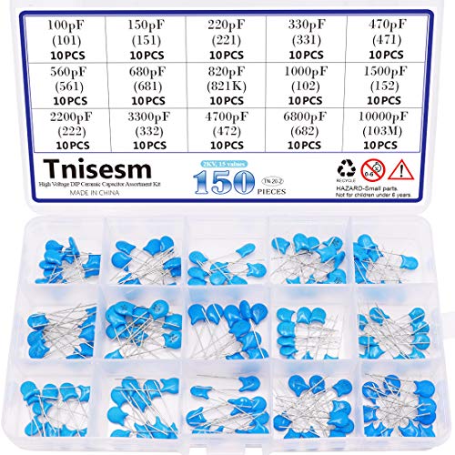 Tnisesm Juego surtido de condensadores de cerámica DIP de alta tensión, 150 unidades, 2 KV, 100 PF - 10000 PF, en una caja Tn-20-2 Tnisesm Juego surtido de condensadores de cerámica DIP de alta tensión, 150 unidades, 2 KV, 100 PF - 10000 PF, en una caja Tn-20-2