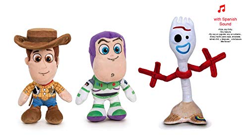 Toy Story - Pack 3 Peluches 7'78"/20cm Woody + Buzz Lightyear y Forky (con Sonido español) Calidad Super Soft
