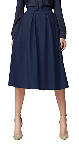 Urban GoCo Mujeres Vintage Falda Midi Plisada A-Line con Bolsillos Faldas Larga Azul Marino L