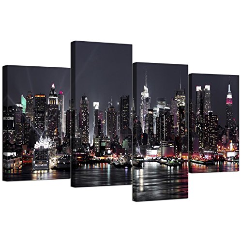 Wallfillers Juego de 4 lienzos, diseño de Nueva York con Texto Skyline (tamaño XL, 130 cm de Ancho)