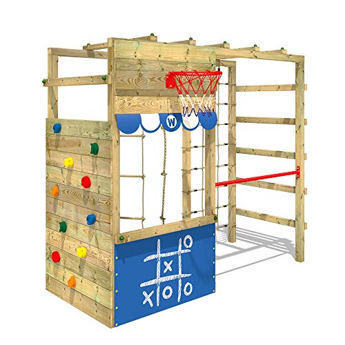 WICKEY Parque infantil de madera Smart Action azul, Área de juegos da exterior, Escalera Sueco con pared de escalada para niños