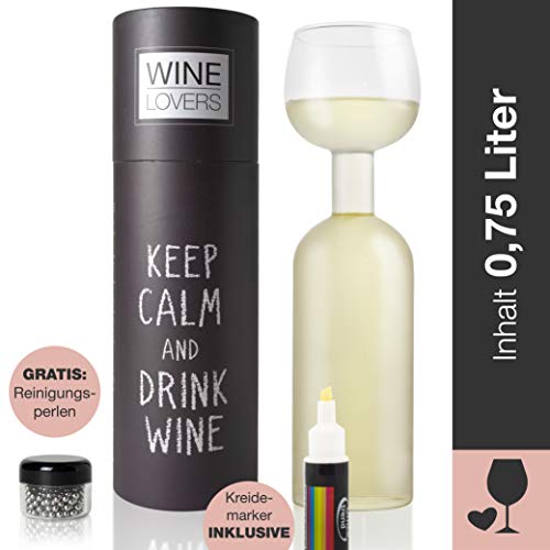 Wine Lovers Botella de vino de cristal con rotulador de tiza - Botella de vino de cristal XXL con lema - Botella de vino ideal como idea de regalo divertida - Bolas de limpieza incluidas
