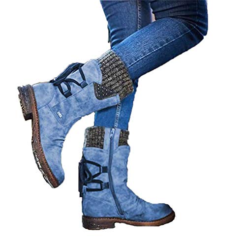 Wxyfl Botines para Mujer de Tacón Plano Otoño Invierno Botas de Nieve con Cordones en La Espalda Cálida Forro de Piel Completo Zapatos A Prueba de Viento para Zapatos de Viaje Diario,Azul,40