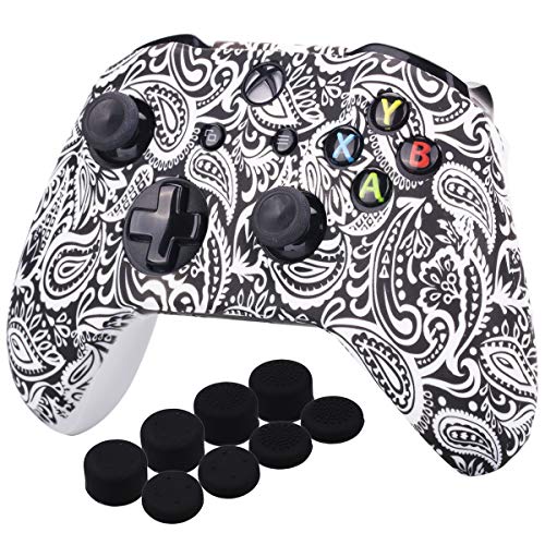 YoRHa Impresión Caucho de Silicona Funda Skin Case Carcasas Piel para Xbox One S / X Mando Controller x 1 (Flores&Blanco) Con Agarres para el Pulgar Thumb Grip PRO x 8