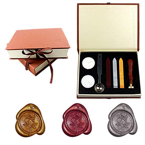 Yuccer Sello de Lacre, Vintage Sellos de Cera Palo de Lacre Stamp Seal Wax kit with Gift Box (B Rose)