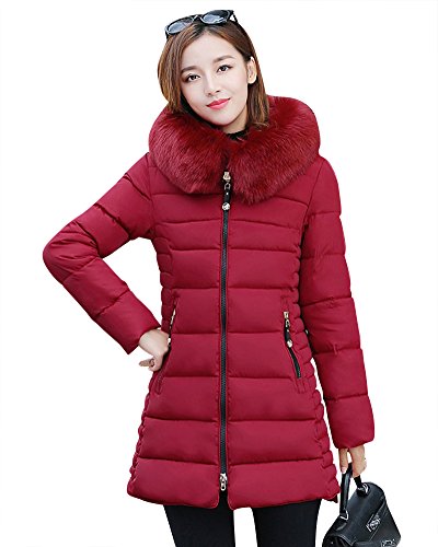 ZhuiKun Chaqueta Abrigo Parka Espesar con Capucha Pelaje Collar de Invierno para Mujer Vino Rojo L