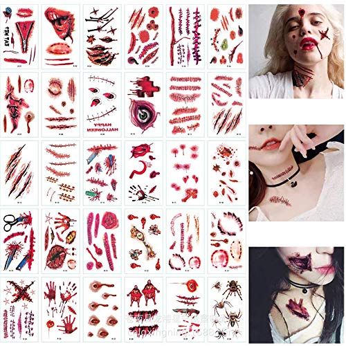 ZoneYan Halloween Zombie Tatuajes, Tatuajes de Zombies,Tatuaje de Cicatriz, Maquillaje de Sangre Falsa, Cicatrices Falsas 30 pcs