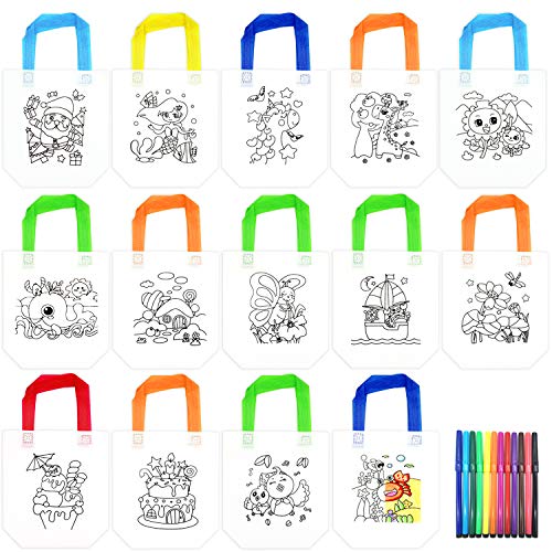 14Piezas Bolsas para Colorear,Bolsa Graffiti DIY,con 12 bolígrafos de acuarela de colores,para fiesta de cumpleaños