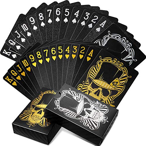 2 Barajas Cartas Impermeables de Póquer Naipe Negro Cartas de Poker PET de Plástico Herramientas de Juego de Póquer con Patrón Calavera de Novedad para Familiares Amigos, Dorado y Plateado