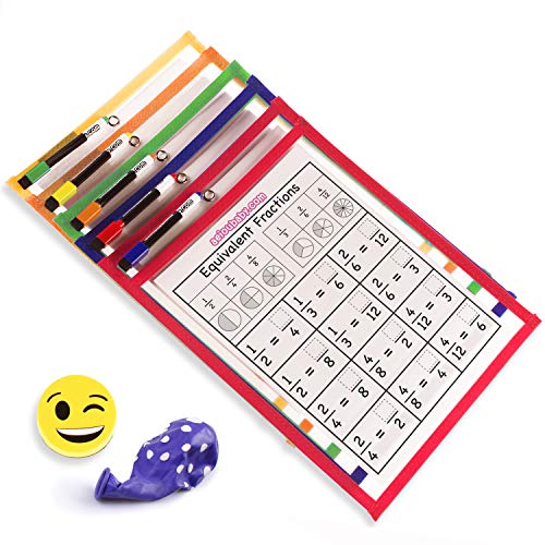 5 Fundas Fichas Reutilizables Papel A4 | Dry Erase Pockets Tamaño Grande 36x26cm | PET Reciclable Ecológico | 5 Colores,5 Rotuladores,Borrador y Globo | Material Escolar,Colegio,Guardería,Ludoteca