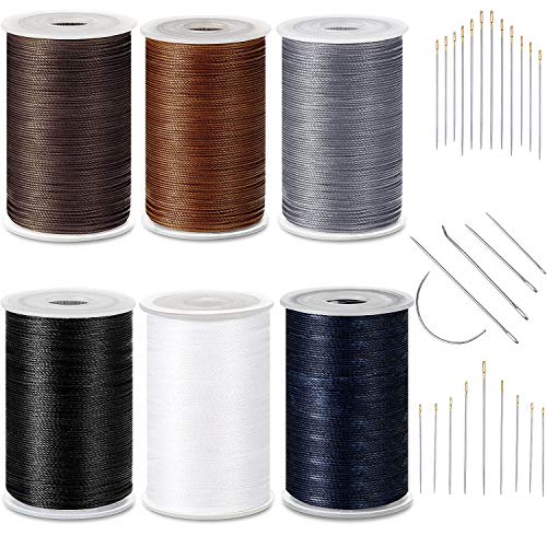 6 Colores Hilo Encerado Fuerte Hilo Encerado de Costura con Agujas de Costura a Mano para Denim Cuero Manualidades y Costura a Máquina (Blanco Negro Gris Claro Azul Oscuro Caqui Café)