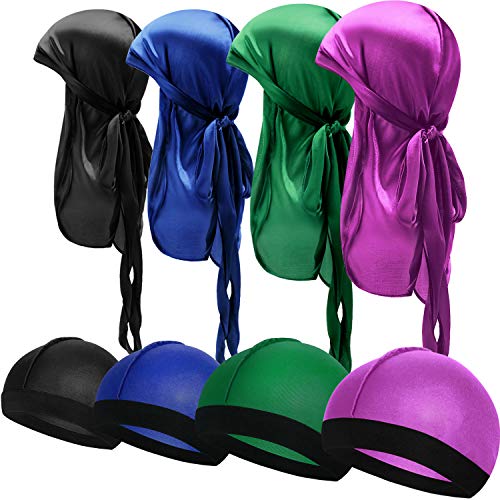 8 Piezas de Durag de Seda Gorro de Onda Elástico Envoltura de Cabeza con Cola Larga Correas Anchas (Morado, Verde, Negro, Azul Real)