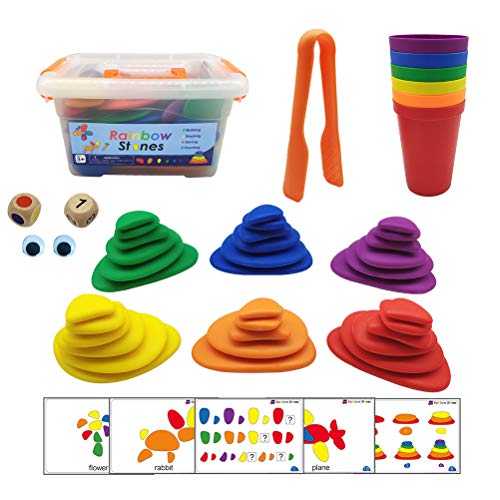 94pcs / set Rainbow Pebbles Juguetes de aprendizaje de matemáticas tempranas Clasificar y apilar Piedras Juego de actividades para niños Juguete sensorial Juguete de construcción y primer conteo