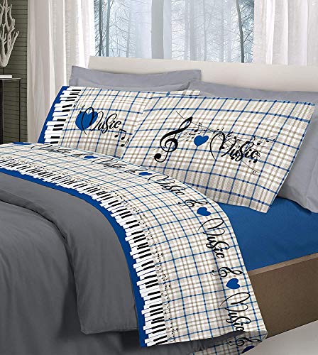 ALAMBRA - Juego de sábanas, par de sábanas para cama de matrimonio de algodón con notas musicales, fabricado en Italia