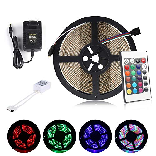 ALED LIGHT Multicolor Tira de Luz LED Impermeable LED Strip RGB 5M(16.4 ft) 3528 SMD 300 LEDs + Adaptador de Alimentación de 12V 2A + 24 Mando a Distancia Clave + Receptor + Descripción del Producto