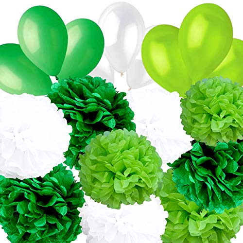 AMPALS - Pack exclusivo de 18 piezas para decoración de fiesta de cumpleaños, boda, bautizo, 9 pompones de papel de seda verde claro, verde oscuro y blanco, tamaños 20,25,30 cm y 9 globos de bálsamo