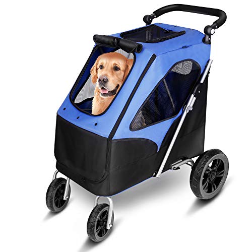 amzdeal - Cochecito para perro plegable con 4 ruedas de EVA, resistente al agua, para mascotas, carga a 60 kg, para perros medianos/grandes y gatos de viaje, resistente y transpirable, color azul
