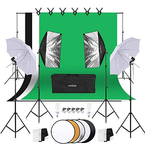 Andoer Estudio Fotográfico Portátil Photography Kit Tela de fondo(Blanco, Negro,Verde) - 60cm 5en1 Reflector - 2 * Softbox - 2 * 33 "Paraguas de luz suave - 4 * 45W Lampara - Conjunto de soporte 2*3m