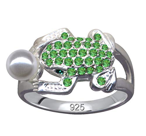 Anillo para el dedo con diseño de rana verde y perla de plata de ley 925, circonitas, cristal, amor, fe, esperanza, emoción, diseño, objeto, extravagante, bonito, moderno, color blanco transparente