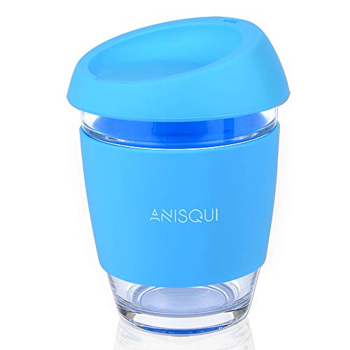 AniSqui Taza de café de Cristal Reutilizable (350ml, sin BPA, Tapa de Silicona ecológica)(Azul)