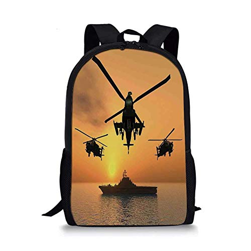 AOOEDM Backpack War Home Decor Elegante Mochila Escolar, helicóptero de Batalla sobre el océano y portaaviones en la Foto de Arte de Combate para niños, 11 'L x 5' W x 17 'H
