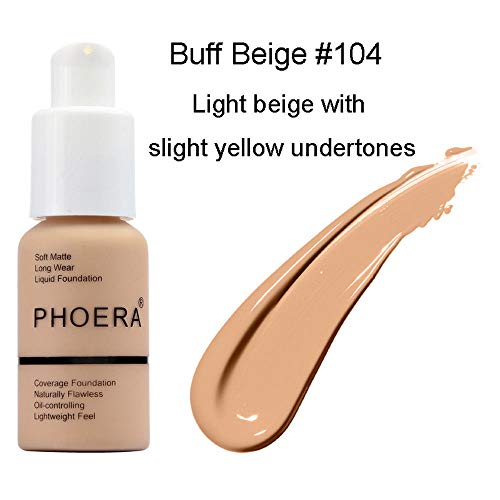 Aquapurity Phoera Full Coverage Foundation Soft Matte Oil Control Concealer 30ml Flawless Cream Smooth Long Lasting 24HR UK (F104 BUFF BEIGE)