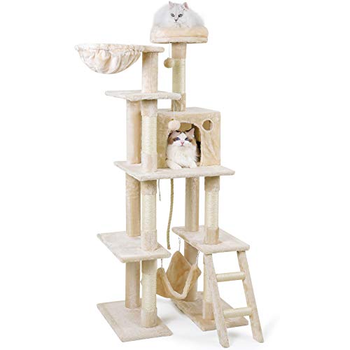 Árbol para Gatos,155CM Arbol Rascador para Gatos con Nidos, Hamaca,Plaraforma,Bolas de Juego y Juguete de Sisal Natural Grande Árboles Gatos para Rascador Escalar Diseño Anticaídas,Multi-Piso Blanco