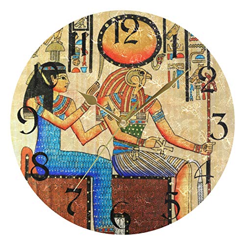 ART VVIES Reloj de Pared Redondo de 10 Pulgadas, sin tictac, silencioso, Puntero Dorado, Funciona con Pilas, para Oficina, Cocina, Dormitorio, decoración del hogar, Horus y Reina, papiro Egipcio