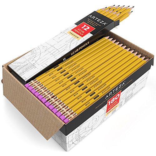 Arteza Lápices HB2, caja de 180 lapiceros de madera afilados de fábrica con goma de borrar sin látex, pack de lápices negros de grafito para suministros de oficina y material escolar Arteza Lápices HB2, caja de 180 lapiceros de madera afilados de fábrica con goma de borrar sin látex, pack de lápices negros de grafito para suministros de oficina y material escolar