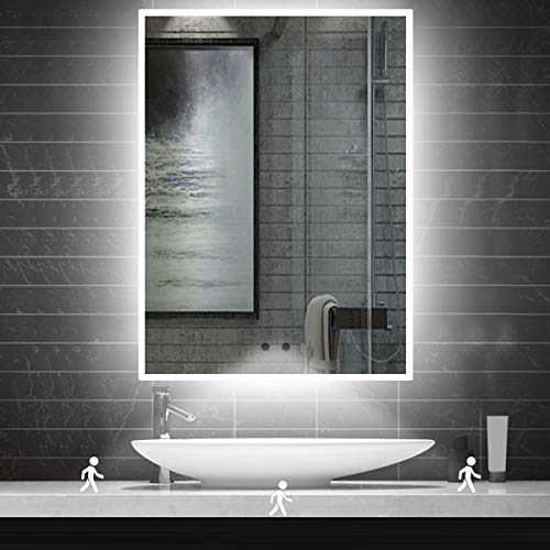 AUPERTO Espejo de baño con sensor automático por infrarrojos LED, 50 x 70 cm, espejo de pared iluminado 6500 K, blanco frío, bajo consumo, IP44