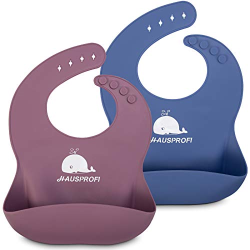 Baberos para Bebés, 2 Piezas Baberos de Alimentación de Silicona Impermeables para Niñas y Niños, Baberos Bebe Silicona con un Amplio Bolsillo para Recolector Migas de Alimentos (Azul & Púrpura)